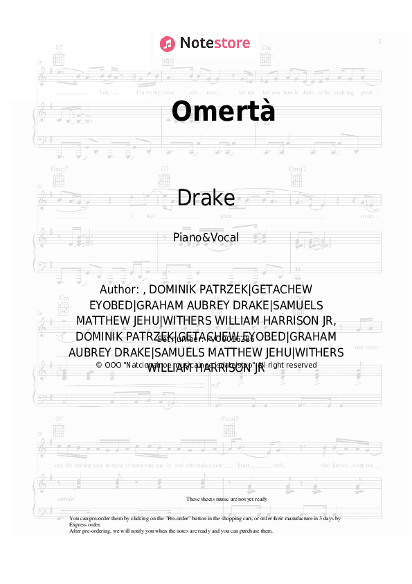 Omertà - Drake Piano Sheet Music with the Voice part - Piano&Vocal
