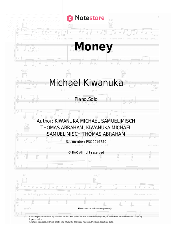 Money - Michael Kiwanuka, Tom Misch Piano Sheet Music - Piano.Solo