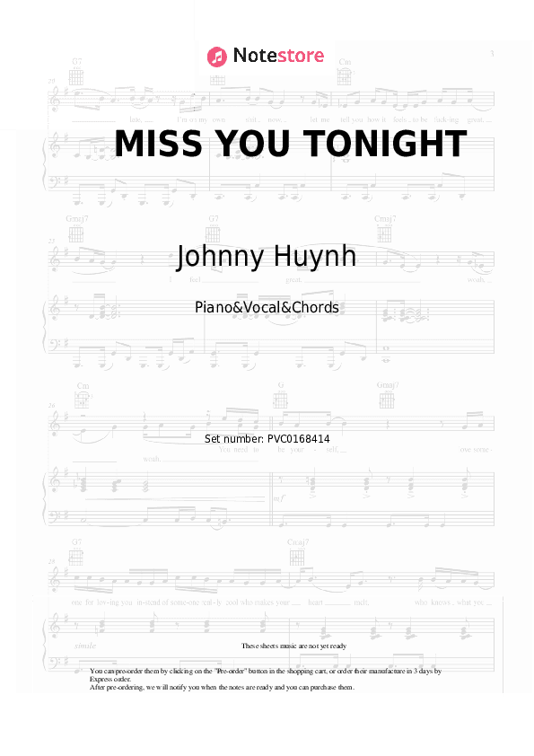 MISS YOU TONIGHT - Johnny Huynh Piano Sheet Music with the Vocal and Chords - Piano&Vocal&Chords