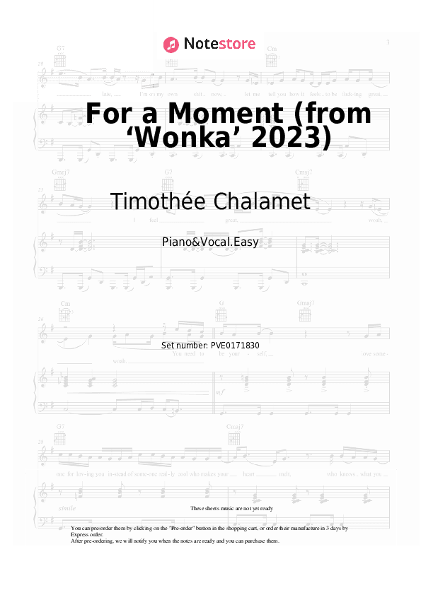 For a Moment (from ‘Wonka’ 2023) - Timothée Chalamet, Calah Lane Piano Sheet Music Easy and Vocal - Piano&Vocal.Easy