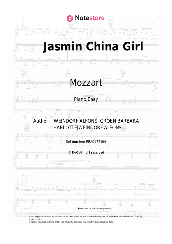 Jasmin China Girl - Mozzart Piano Sheet Music Easy - Piano.Easy