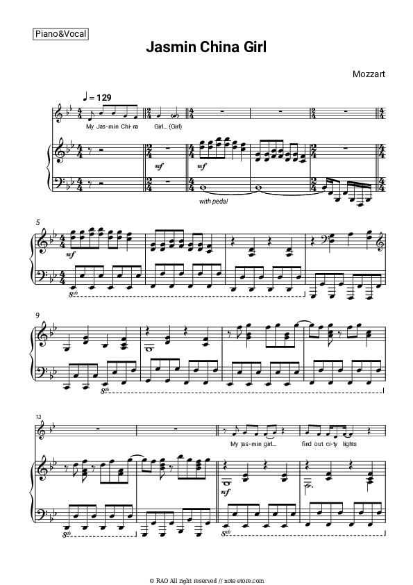 Jasmin China Girl - Mozzart Piano Sheet Music with the Voice part - Piano&Vocal