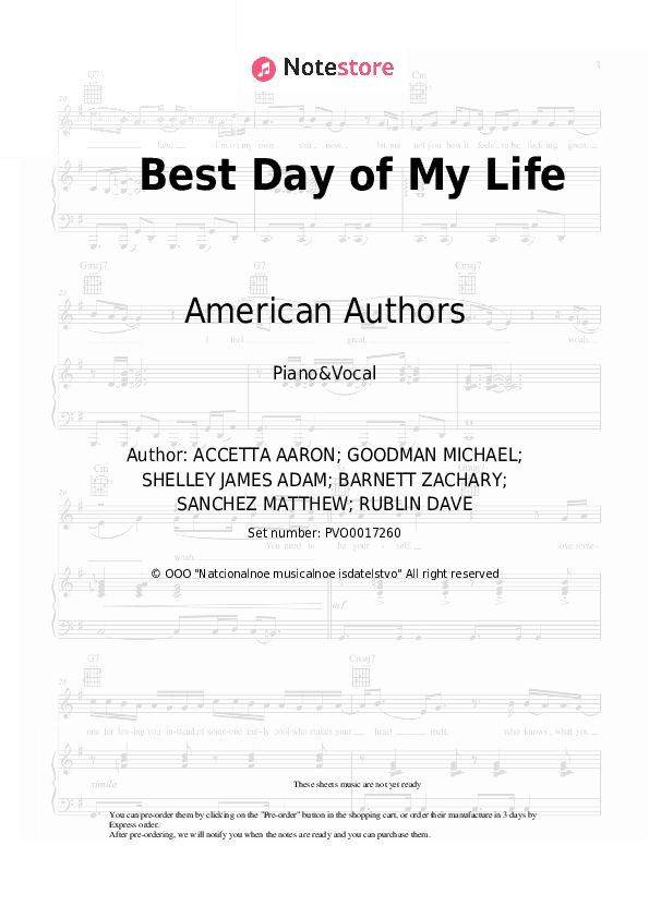 Best Day of My Life - American Authors Piano Sheet Music with the Voice part - Piano&Vocal