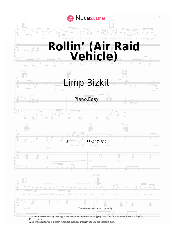 Rollin’ (Air Raid Vehicle) - Limp Bizkit Piano Sheet Music Easy - Piano.Easy