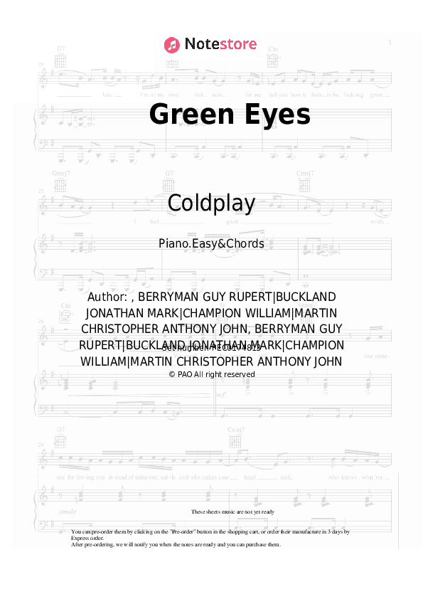 Green Eyes - Coldplay Sheet Music Easy and Chords - Piano.Easy&Chords