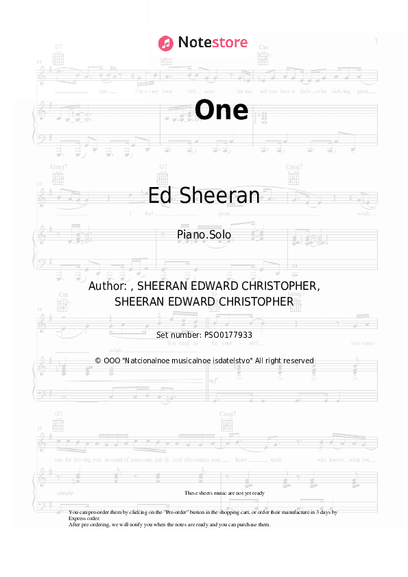 One - Ed Sheeran Piano Sheet Music - Piano.Solo