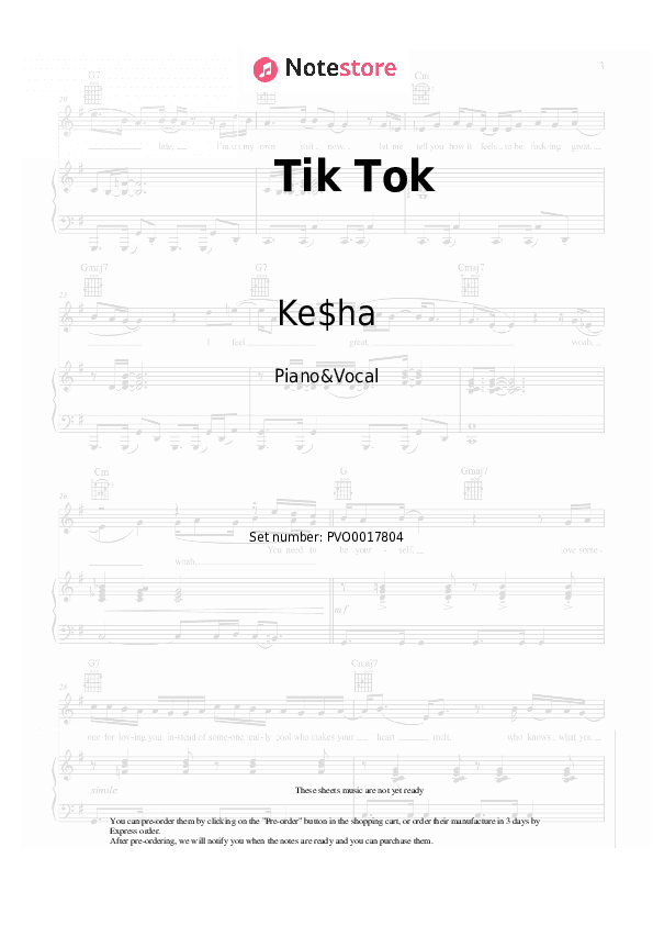 Tik Tok - Ke$ha Piano Sheet Music with the Voice part - Piano&Vocal