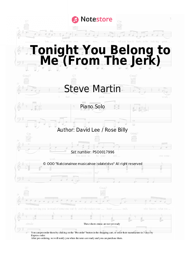 Tonight You Belong to Me (From The Jerk) - Steve Martin Piano Sheet Music - Piano.Solo