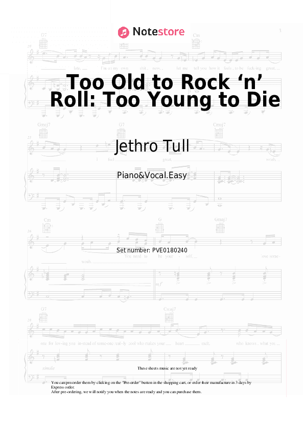 Too Old to Rock ‘n’ Roll: Too Young to Die - Jethro Tull Piano Sheet Music Easy and Vocal - Piano&Vocal.Easy