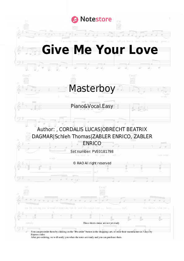 Give Me Your Love - Masterboy Piano Sheet Music Easy and Vocal - Piano&Vocal.Easy