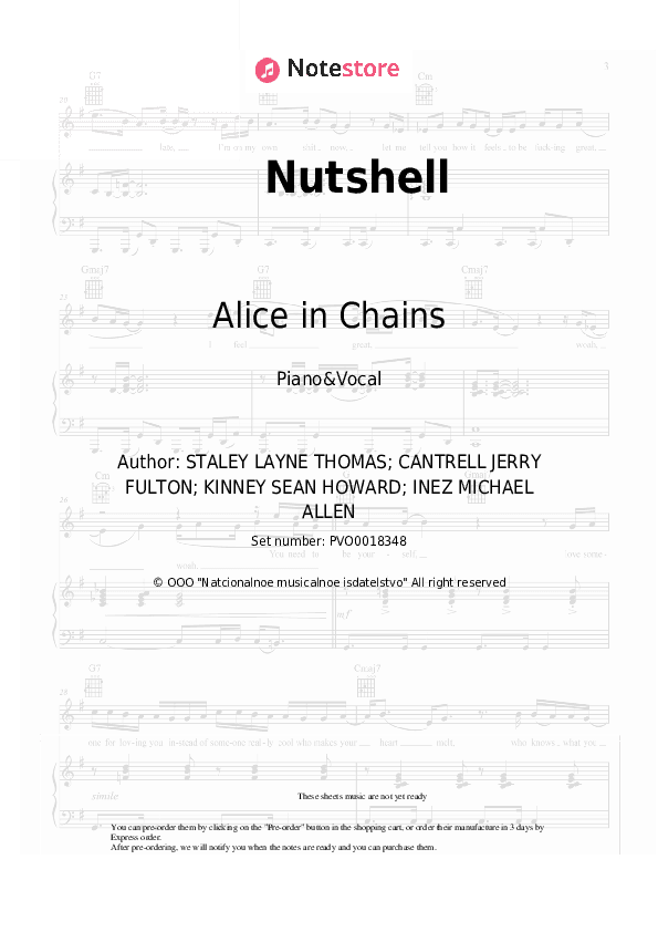 Nutshell - Alice in Chains Piano Sheet Music with the Voice part - Piano&Vocal