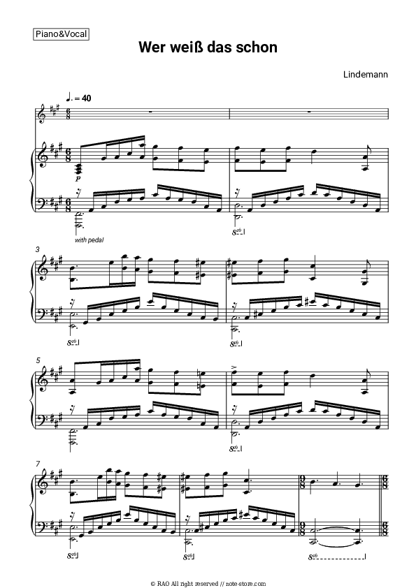 Wer weiß das schon - Lindemann Piano Sheet Music with the Voice part - Piano&Vocal