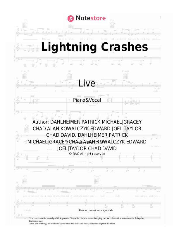 Lightning Crashes - Live Piano Sheet Music with the Voice part - Piano&Vocal