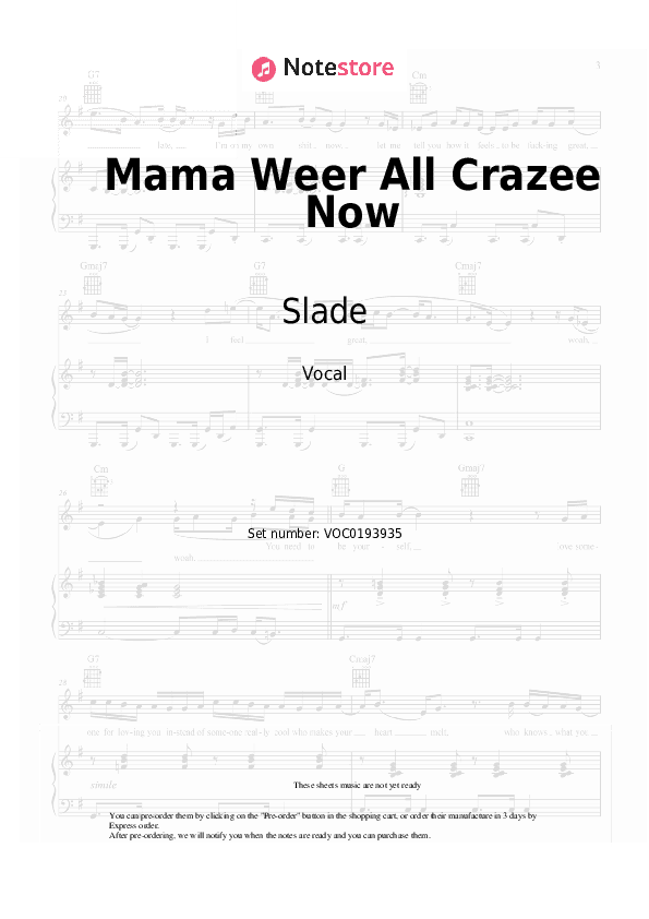 Mama Weer All Crazee Now - Slade Vocal Sheet Music - Vocal