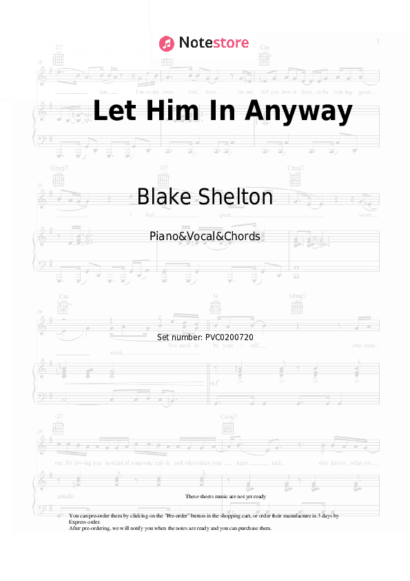 Let Him In Anyway - Blake Shelton Piano Sheet Music with the Vocal and Chords - Piano&Vocal&Chords