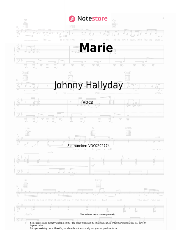 Marie - Johnny Hallyday Vocal Sheet Music - Vocal