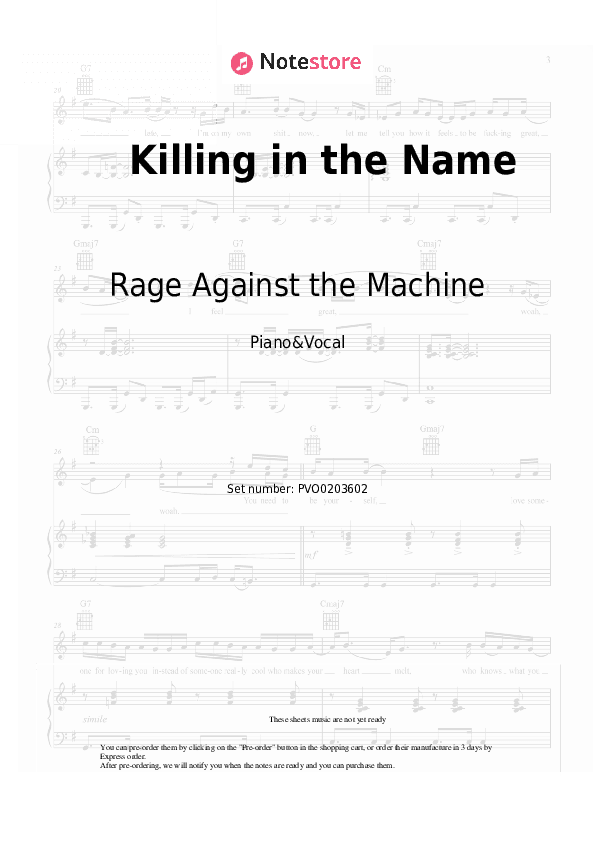 Killing in the Name - Rage Against the Machine Piano Sheet Music with the Voice part - Piano&Vocal