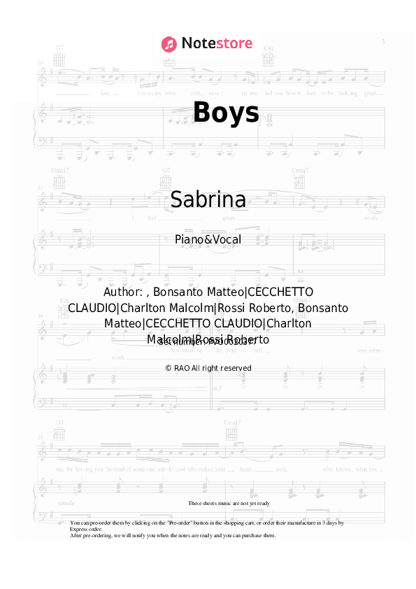 Boys - Sabrina Piano Sheet Music with the Voice part - Piano&Vocal
