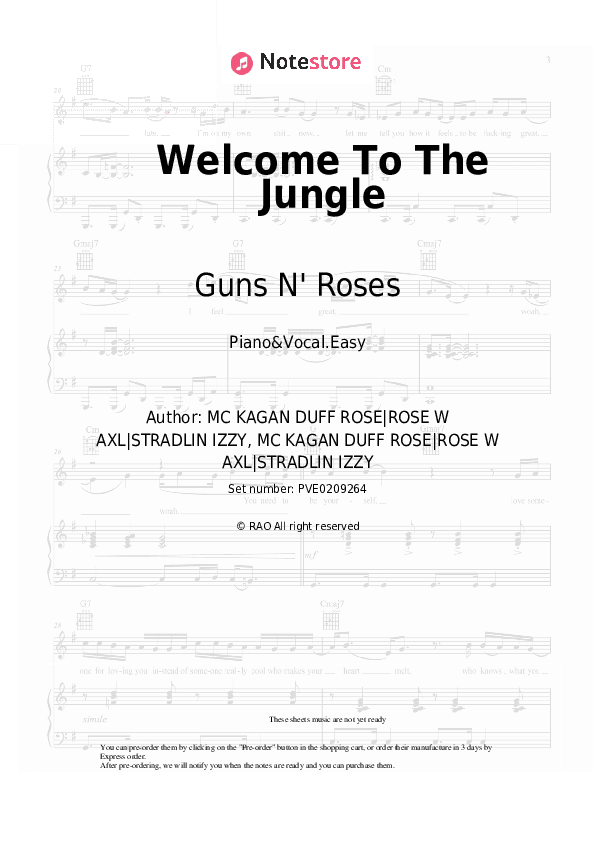 Welcome To The Jungle - Guns N' Roses Piano Sheet Music Easy and Vocal - Piano&Vocal.Easy