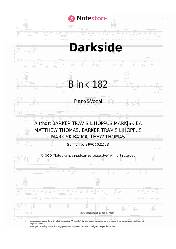 Darkside - Blink-182 Piano Sheet Music with the Voice part - Piano&Vocal