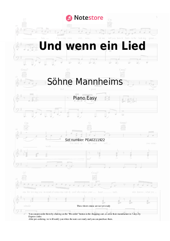 Und wenn ein Lied - Söhne Mannheims Piano Sheet Music Easy - Piano.Easy