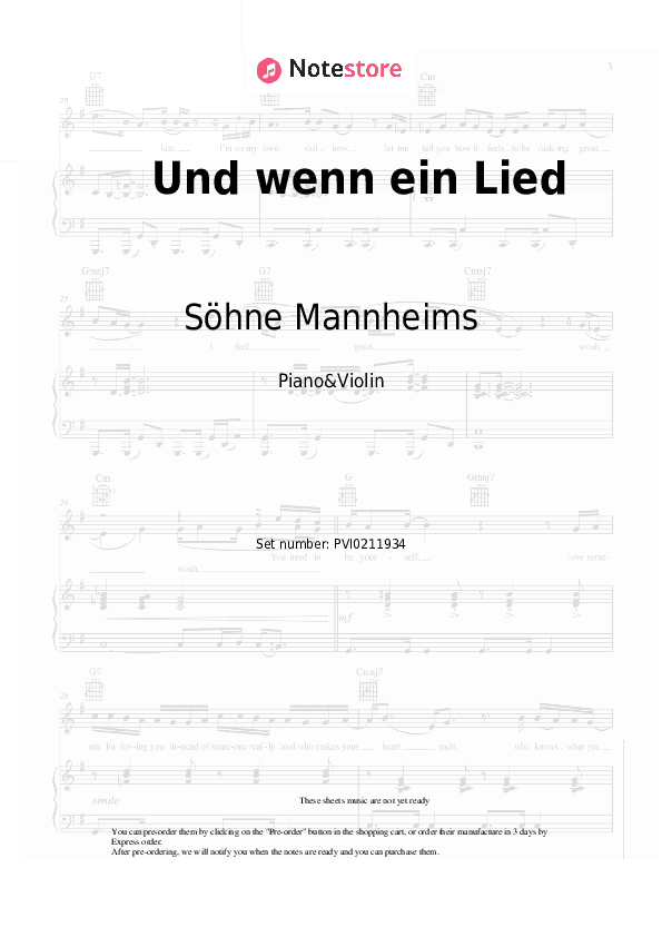 Und wenn ein Lied - Söhne Mannheims Piano Sheet Music and Violin - Piano&Violin