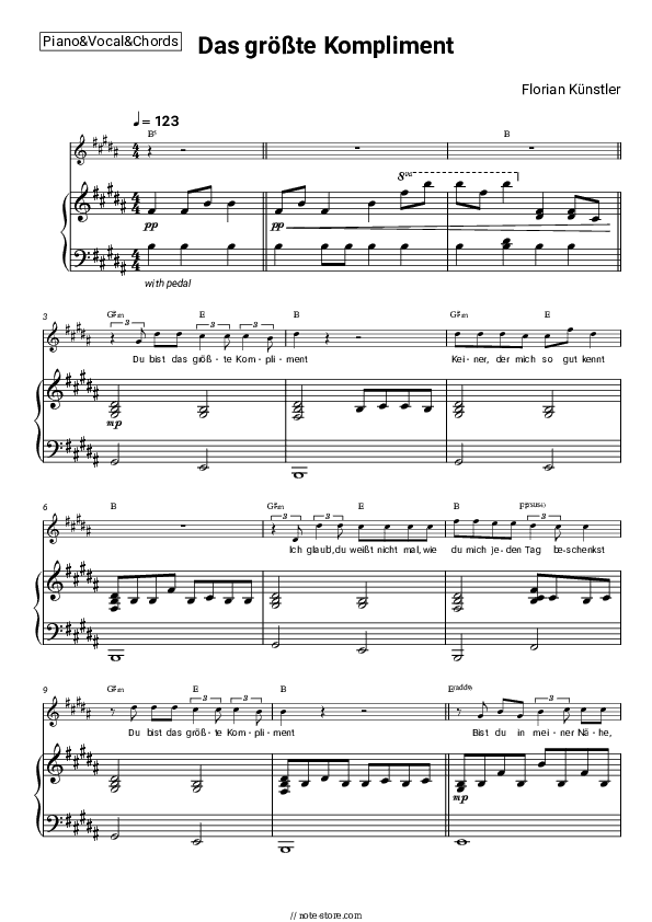 Das größte Kompliment - Florian Künstler Piano Sheet Music with the Vocal and Chords - Piano&Vocal&Chords