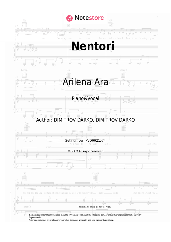 Nentori - Arilena Ara Piano Sheet Music with the Voice part - Piano&Vocal