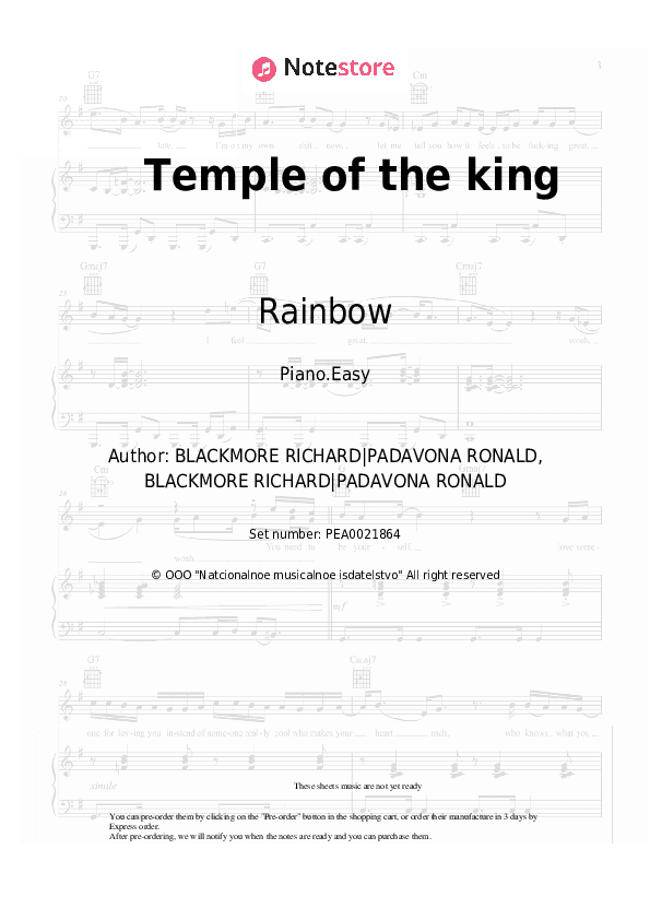 Temple of the king - Rainbow Piano Sheet Music Easy - Piano.Easy