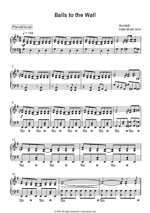 Balls to the Wall - Accept Piano Sheet Music with the Voice part - Piano&Vocal