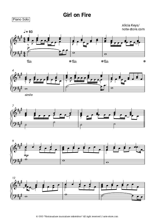 Girl on Fire - Alicia Keys Piano Sheet Music - Piano.Solo