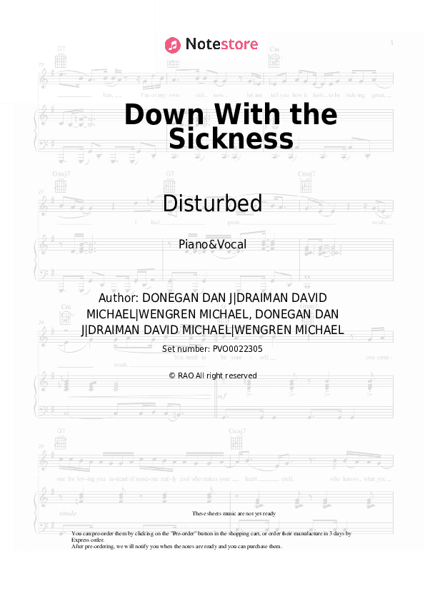 Down With the Sickness - Disturbed Piano Sheet Music with the Voice part - Piano&Vocal
