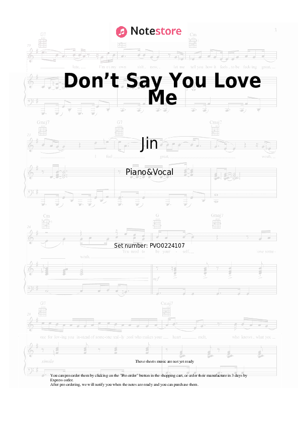 Don’t Say You Love Me - Jin Piano Sheet Music with the Voice part - Piano&Vocal