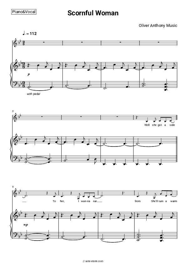 Scornful Woman - Oliver Anthony Music Piano Sheet Music with the Voice part - Piano&Vocal