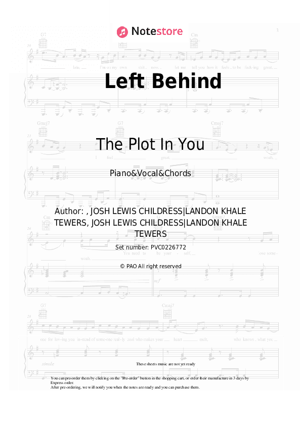 Left Behind - The Plot In You Piano Sheet Music with the Vocal and Chords - Piano&Vocal&Chords