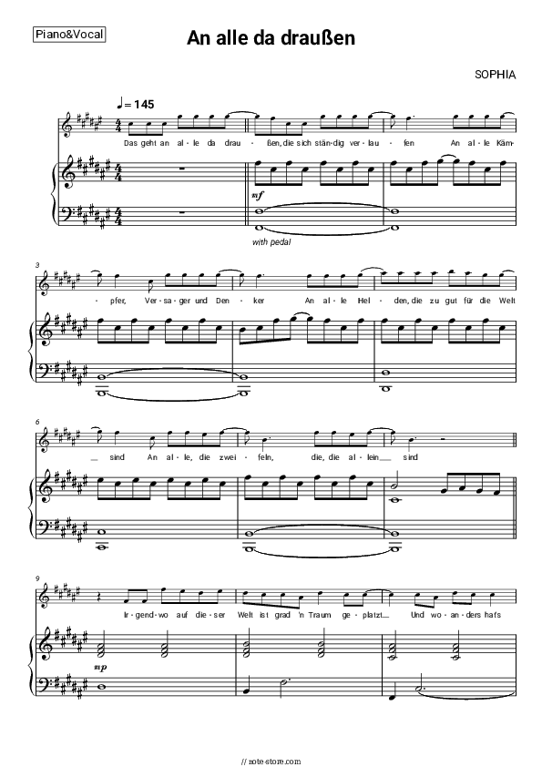 An alle da draußen - SOPHIA Piano Sheet Music with the Voice part - Piano&Vocal