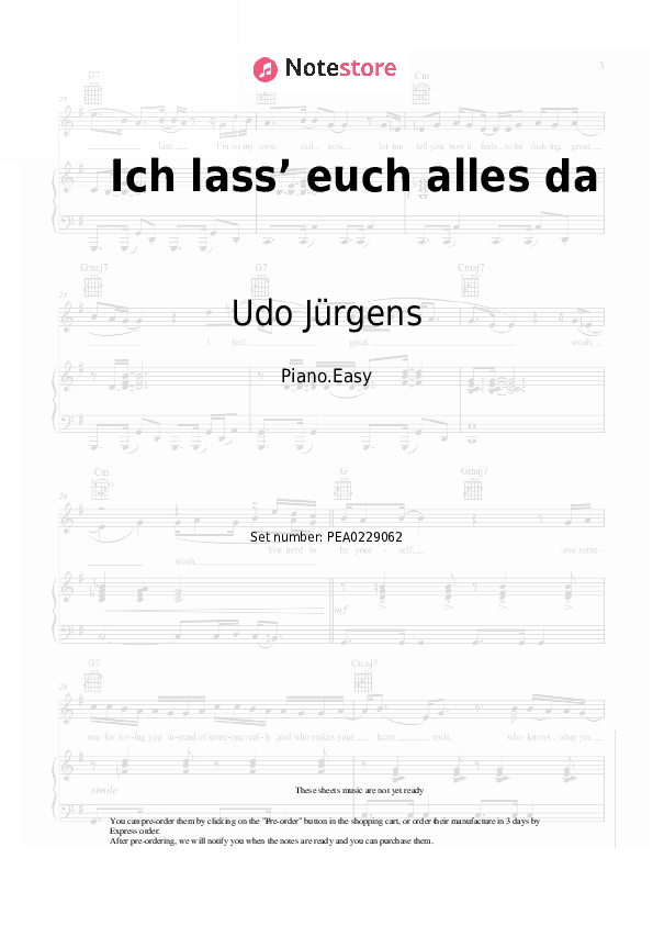 Ich lass’ euch alles da - Udo Jürgens Piano Sheet Music Easy - Piano.Easy