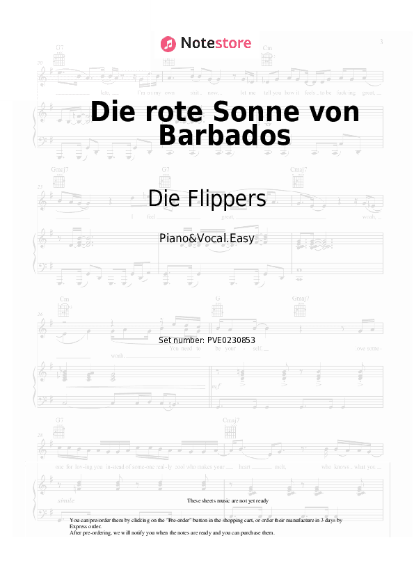 Die rote Sonne von Barbados - Die Flippers Piano Sheet Music Easy and Vocal - Piano&Vocal.Easy
