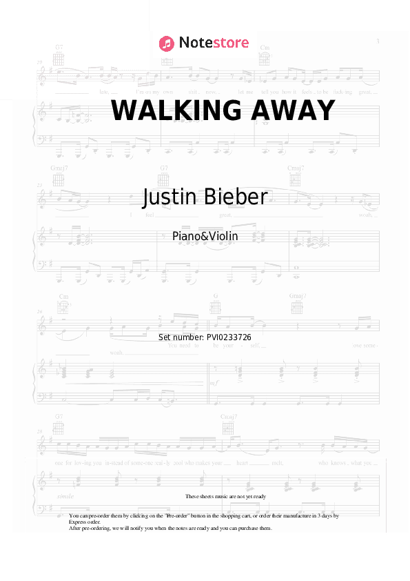 WALKING AWAY - Justin Bieber Piano Sheet Music and Violin - Piano&Violin