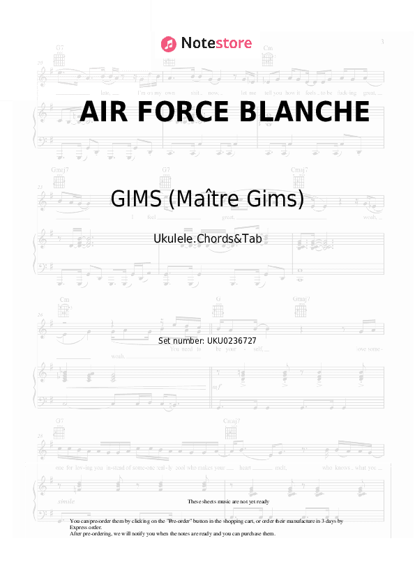 AIR FORCE BLANCHE - GIMS (Maître Gims), JUL Ukulele Sheet Music - Ukulele.Chords&Tab