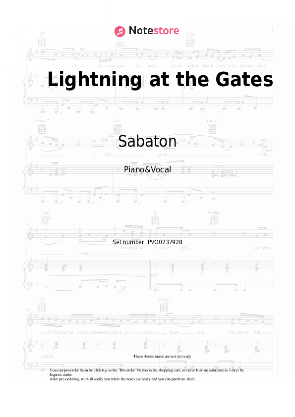 Lightning at the Gates - Sabaton Piano Sheet Music with the Voice part - Piano&Vocal