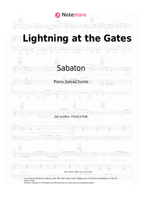 Lightning at the Gates - Sabaton Piano Sheet Music and Chords - Piano.Solo&Chords