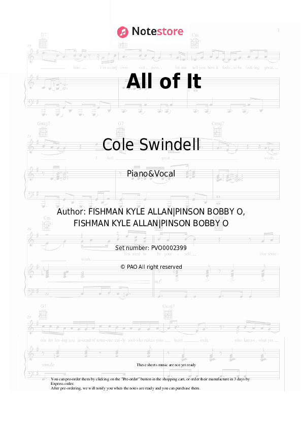 All of It - Cole Swindell Piano Sheet Music with the Voice part - Piano&Vocal