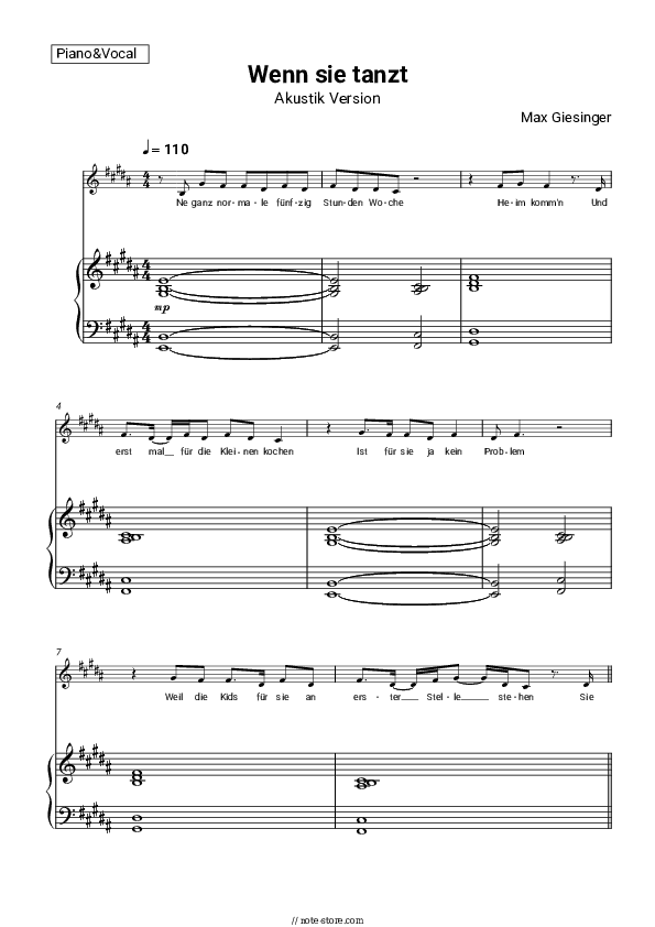 Wenn sie tanzt (Akustik Version) - Max Giesinger Piano Sheet Music with the Voice part - Piano&Vocal