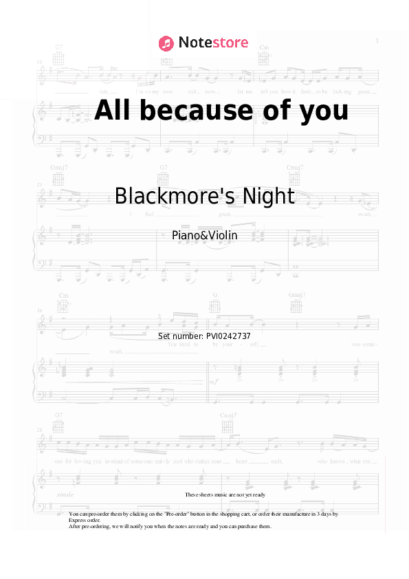 All because of you - Blackmore's Night Piano Sheet Music and Violin - Piano&Violin