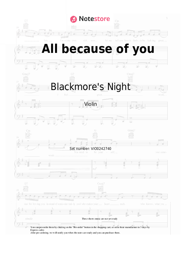 All because of you - Blackmore's Night Violin Sheet Music - Violin