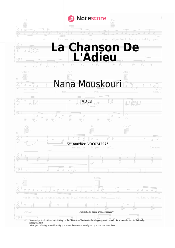 La Chanson De L'Adieu - Nana Mouskouri Vocal Sheet Music - Vocal
