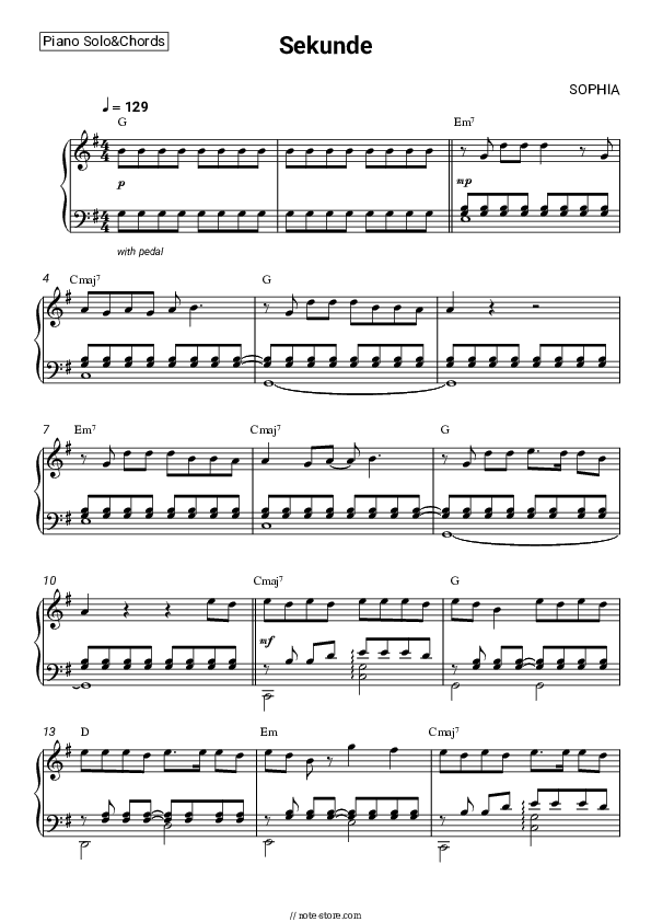 Sekunde - SOPHIA Piano Sheet Music and Chords - Piano.Solo&Chords