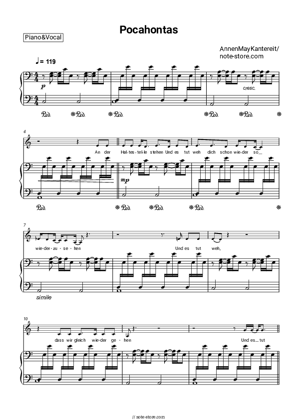 Pocahontas - AnnenMayKantereit Piano Sheet Music with the Voice part - Piano&Vocal