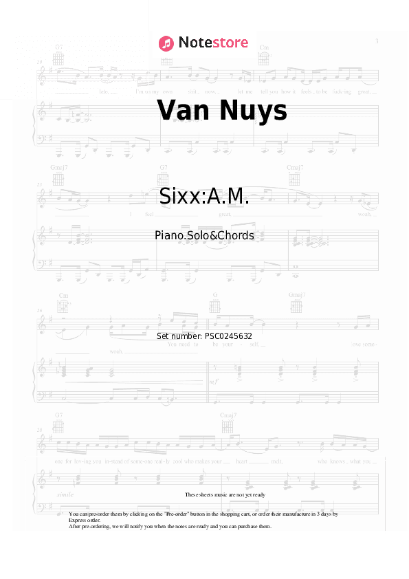 Van Nuys - Sixx:A.M. Piano Sheet Music and Chords - Piano.Solo&Chords